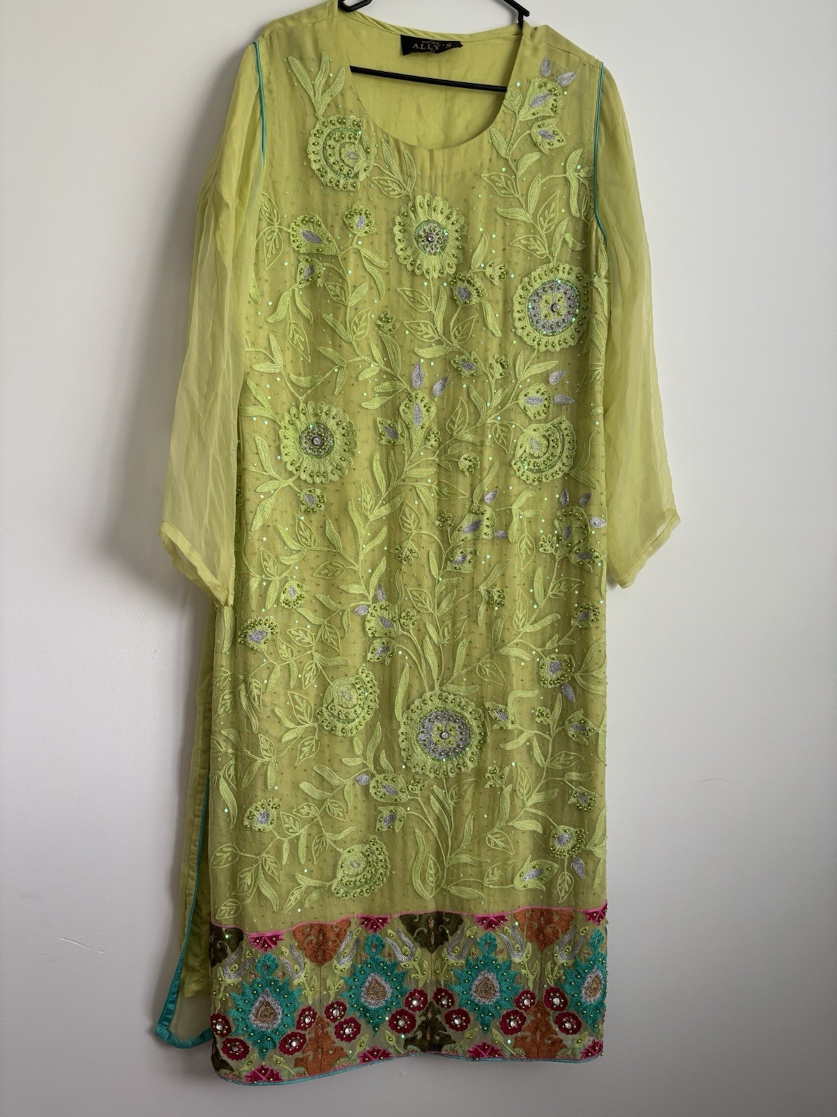 Ally’s Women’s Green Embroidered Kurta Kurti Tunic Top – Size XL
