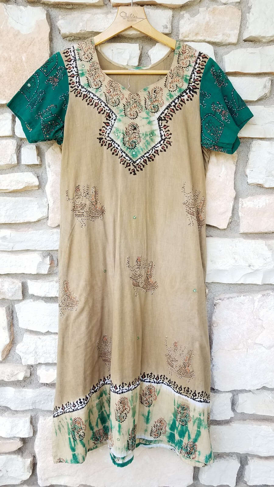 Tan & Green Boho Indian Embroidered Cotton Kurta Kameez Long Tunic Dress Size S