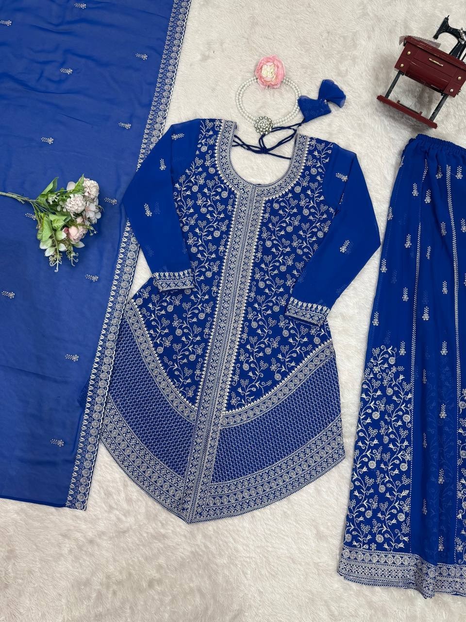 Fancy Designer Blue Faux Georgette Kurta Palazzo With Dupatta For Women