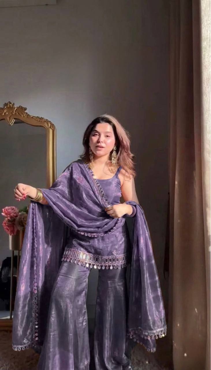 Indian Look Heavy Silk Purple Top Palazzo With Dupatta For Reception Wear