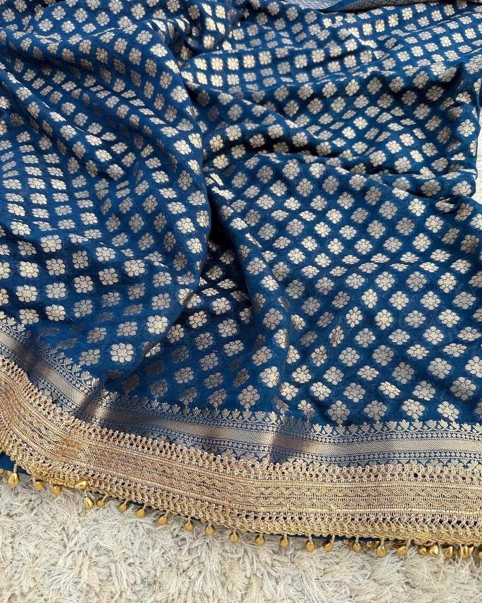 Banarasi Georgette Silk Saree Woven Pallu Designer Lace Border & Blouse