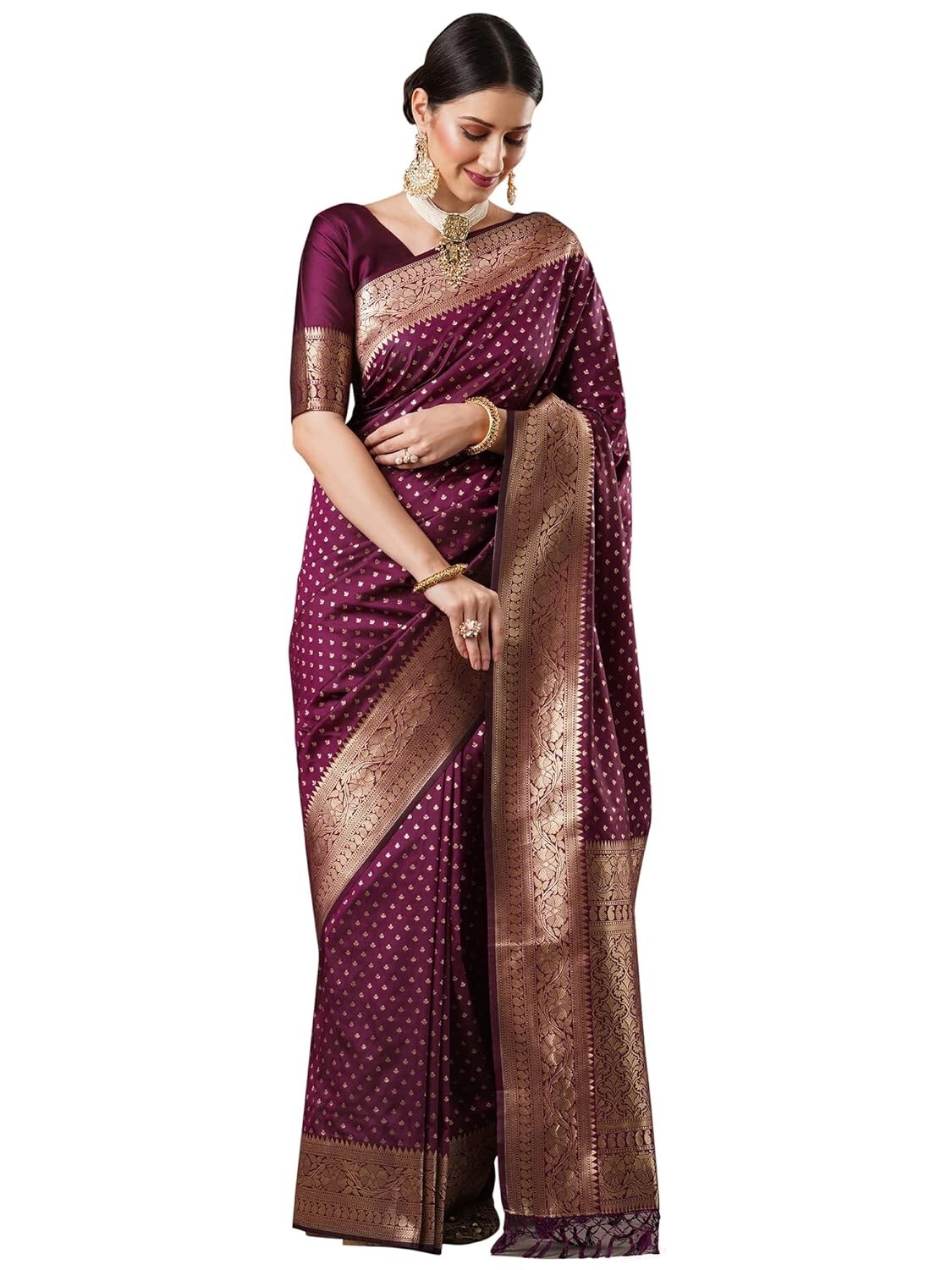 Women’s Banarasi Silk Blend Ethnic Motif Zari Work Saree With Unstitched Blouse