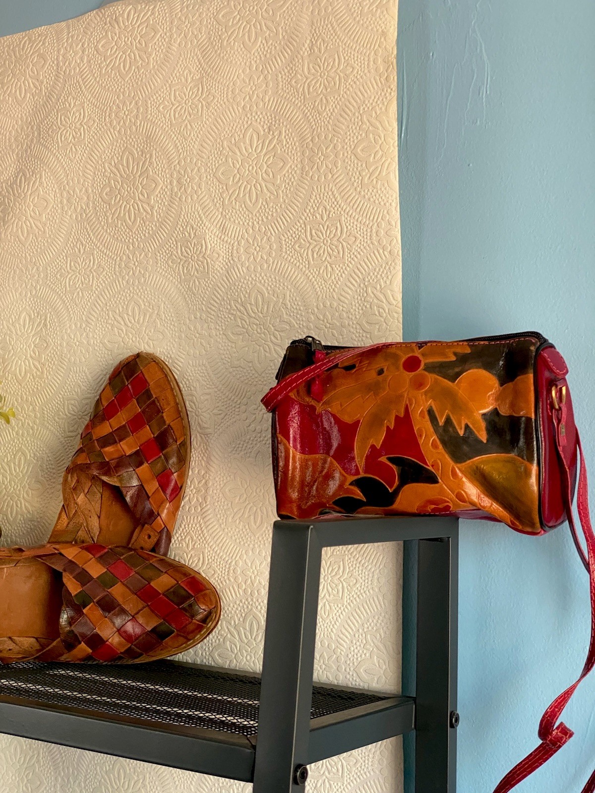 Peculiar HANDMADE LEATHER Bag and Sandals 7M Boho Style, Red Brown Orange.