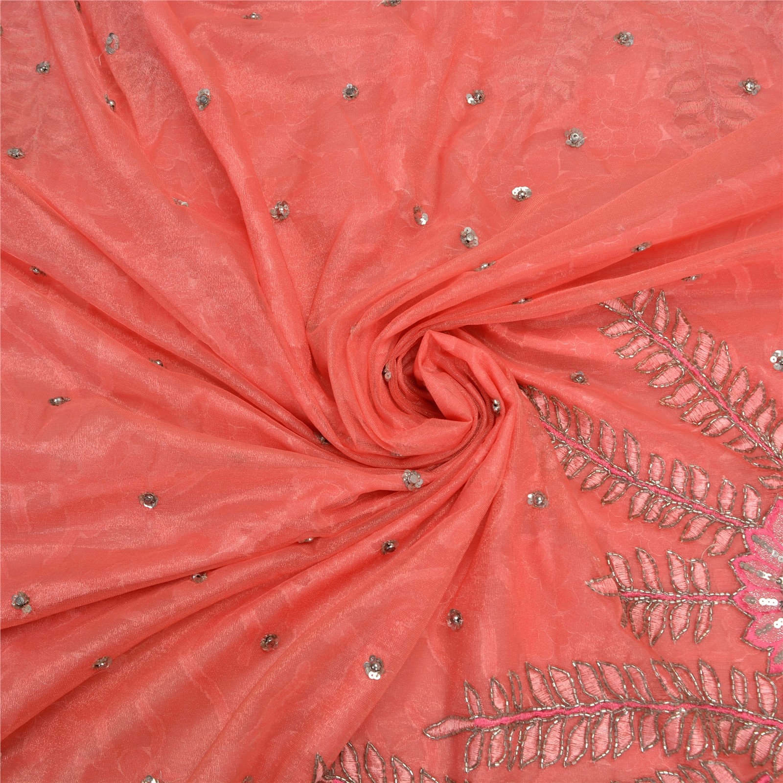 Sanskriti Vintage Pink Indian Sarees Net Mesh Hand Beaded Ethnic Sari Fabric