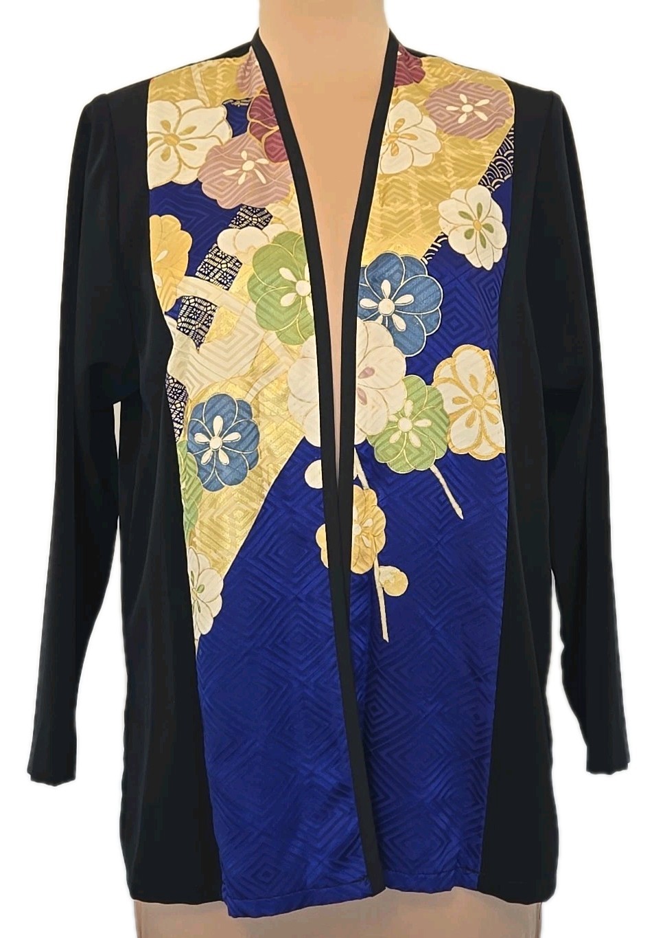METO Hawaii Floral black gold blue Kimono Jacket Womens S Open Front Cover Up