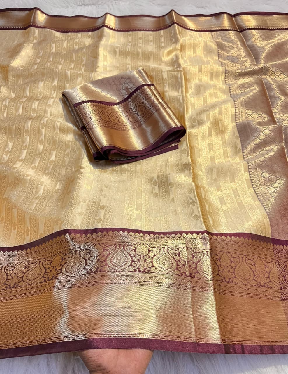 Traditional Banarasi Katan Silk Brocade Saree with Beautiful Contrast Big Border