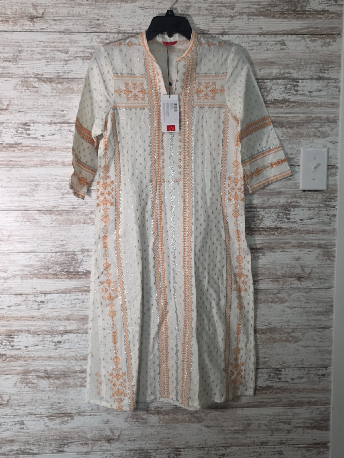 W for Woman Kurta 8 Beige Silver Printed Mandarin Neck 3/4 Sleeve Festival NWT