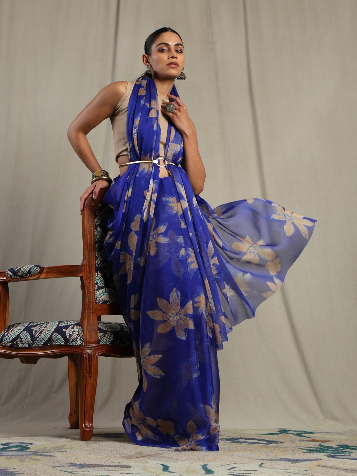 Women’s Floral Print Chiffon Saree Indian Bollywood Designer Festive Party Wear