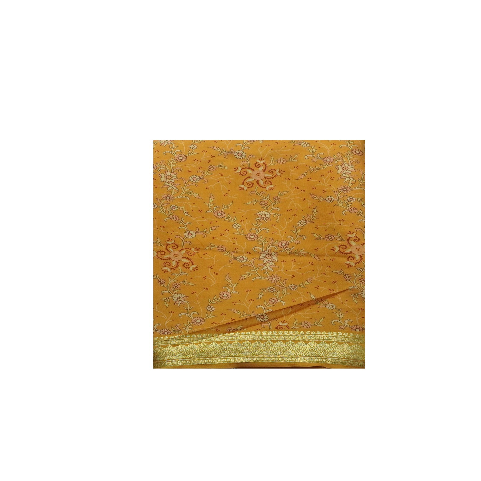 Vintage Mustard Sarees 100% Pure Silk Printed Zari Border Sari 6YD Craft Fabric