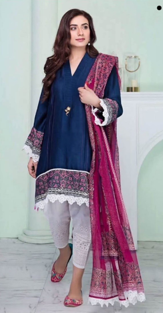 Aisha Imran Blue & Pink Salwar Kameez with Embroidered Dupatta & Lace – Size M