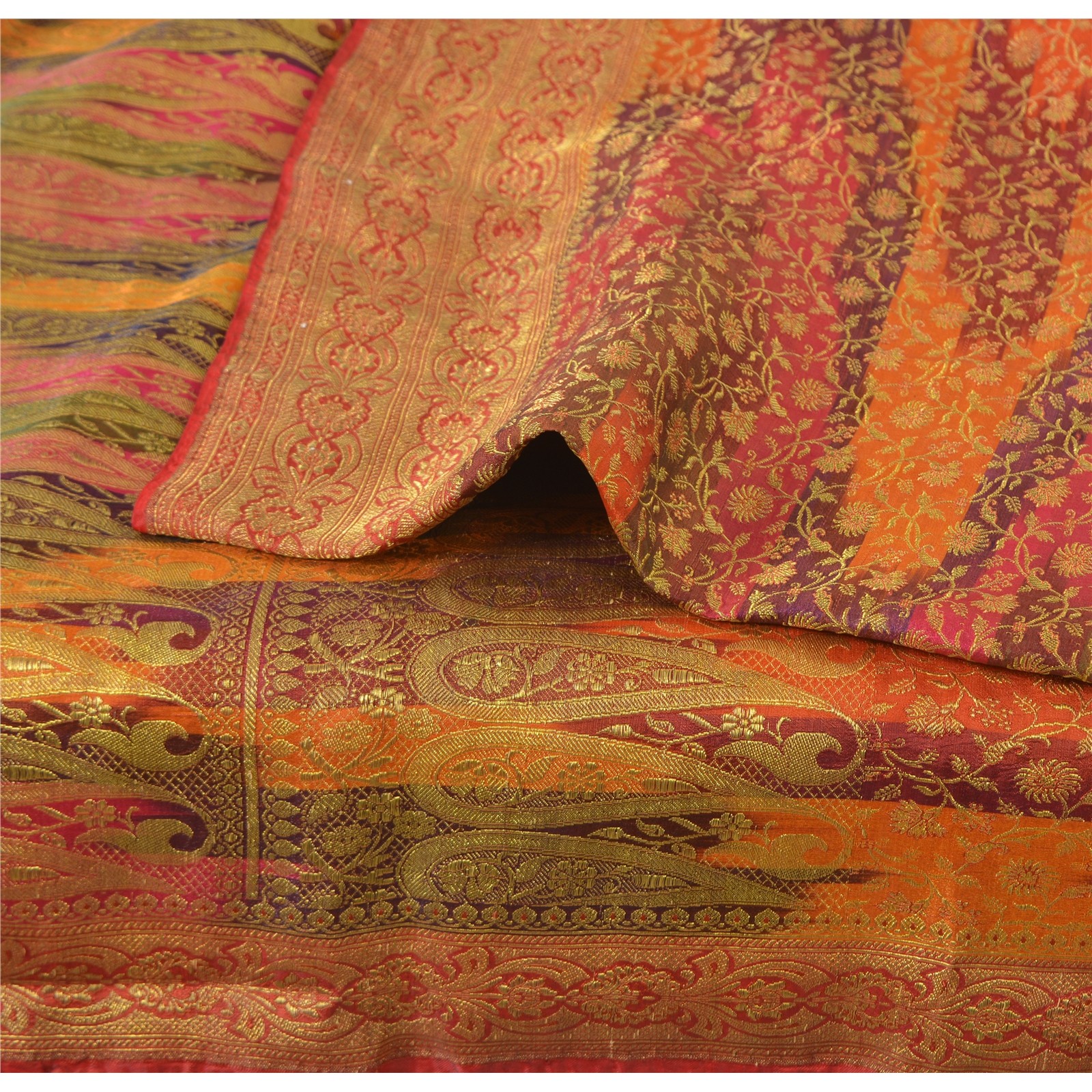Sanskriti Vintage Sarees Blend Silk Brocade/Banarasi Woven Sari Craft Fabric