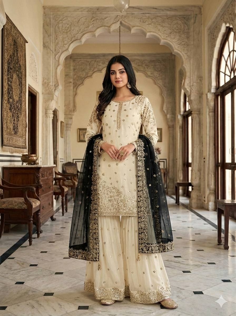 Unique Designer Silk Kurta Palazzo With Dupatta For Wedding & Party Wear