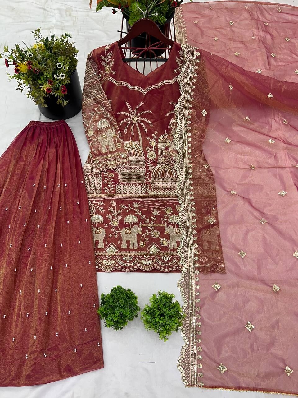 Orange Twill Net Embroidered Palazzo Suit – Ready made sharara suit for wedding