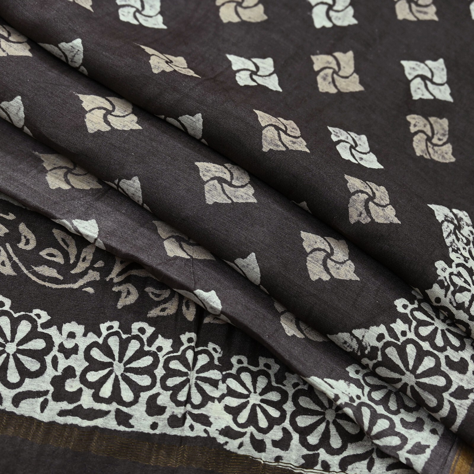 Indian Vintage Sari Brown & Ivory Pure chanderi Silk Block Printed Sarees Fabric