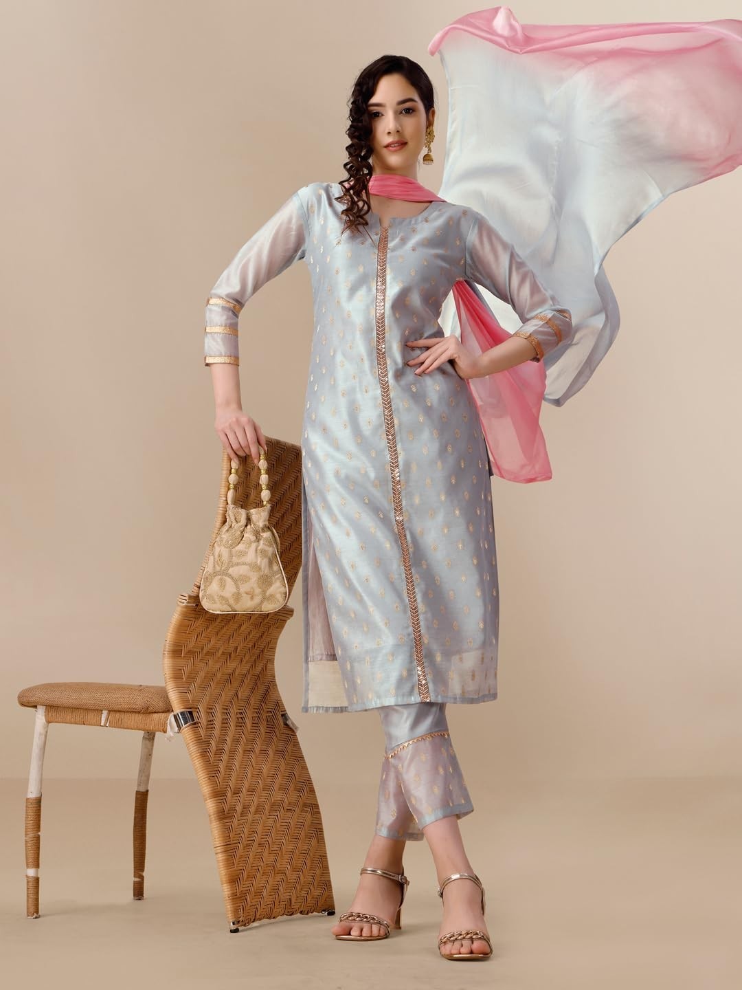 Women’s Chanderi Silk Jacquard Straight Kurta Pant with Dupatta