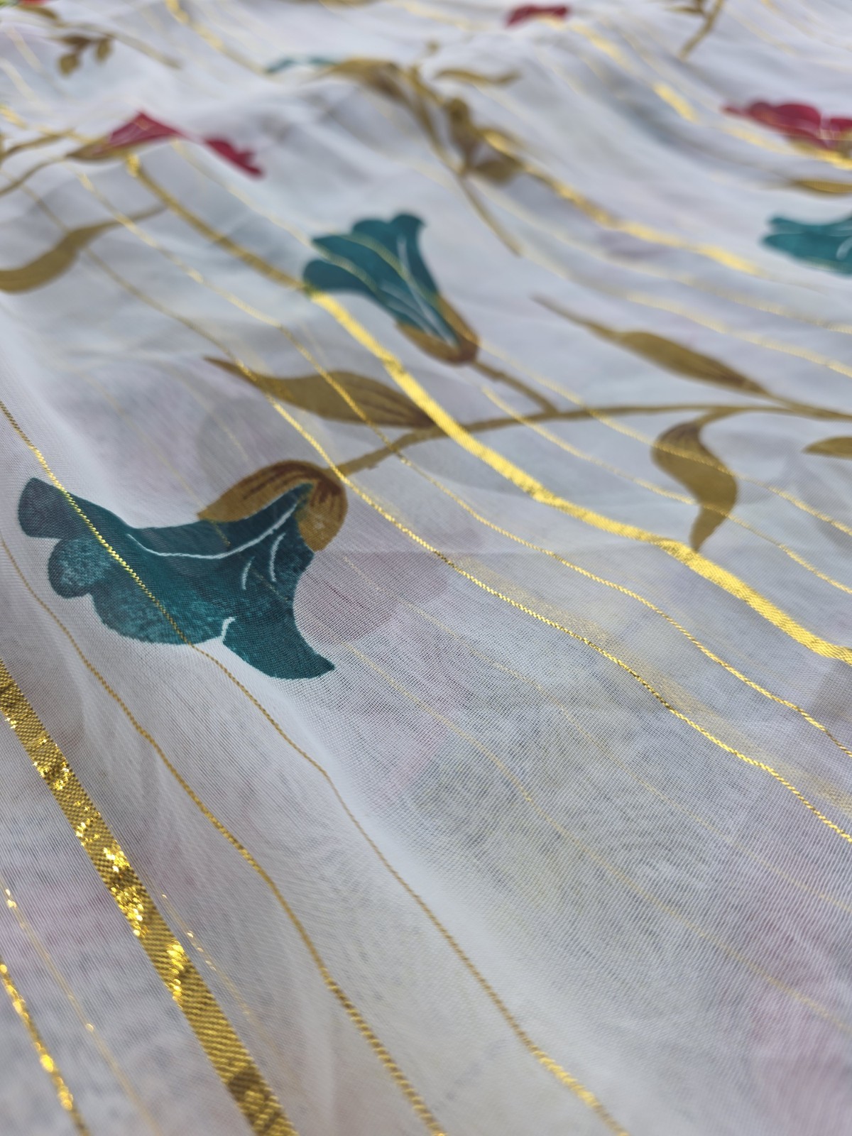 Bazigar 5.50m Net Saree White Floral Print Gold Stripes Red Border