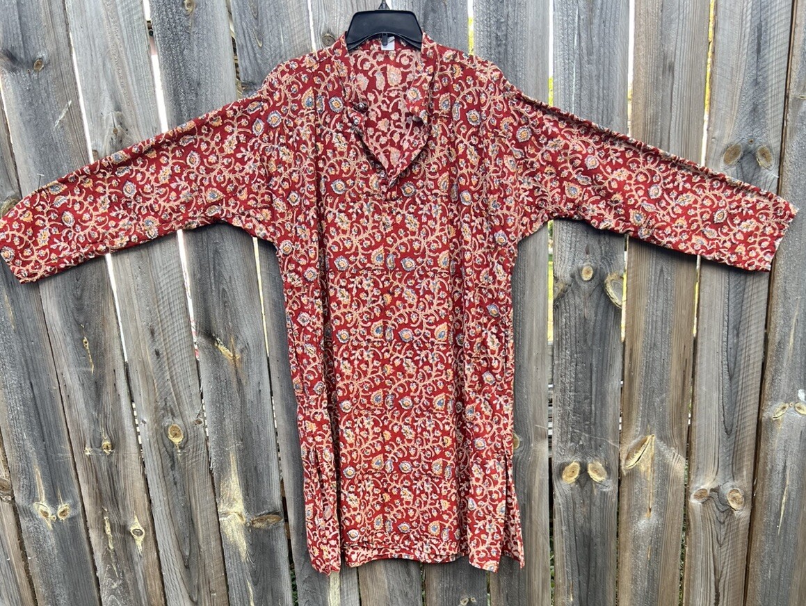 Rasi 100% Cotton Block Printed Red Stylized Floral Kurti Size 40 Unisex Pockets
