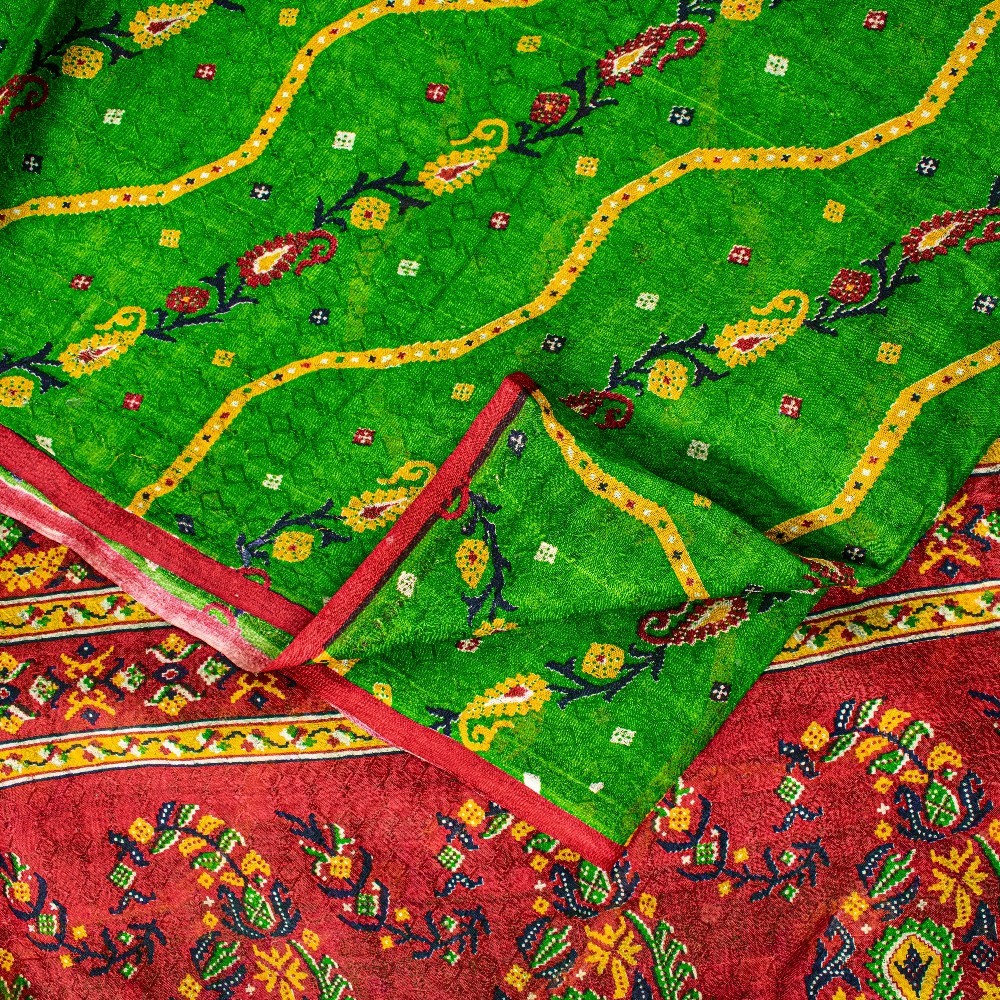 Sanskriti Vintage Green-Red Pure Silk Saree Paisley Printed 5.5+Yard Sari Fabric