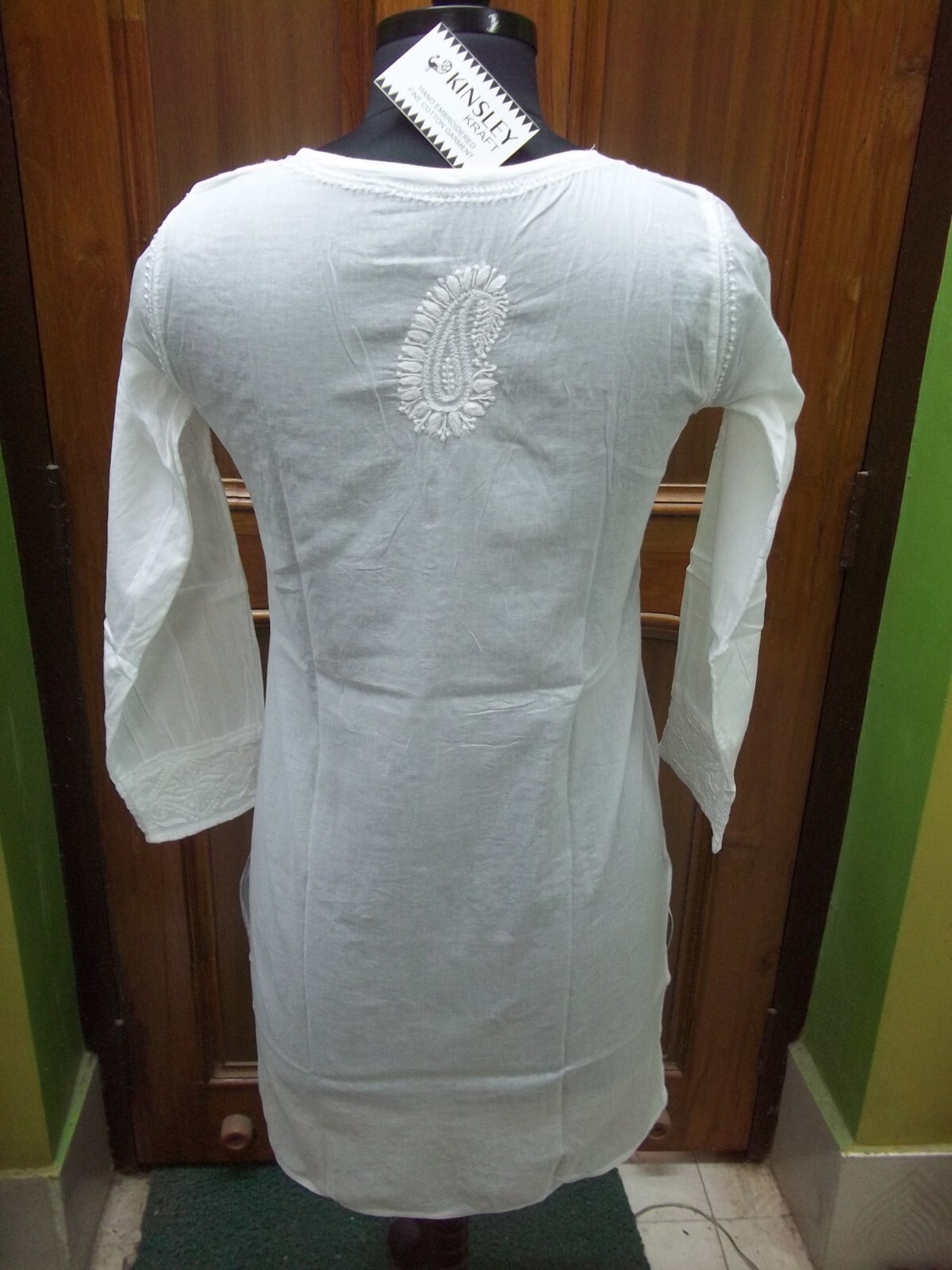 ELEGANCE SHIRT ETHNIC XS 36″ HANDMADE 100% COTTON TOP KURTA CHIKAN EMBROIDERY