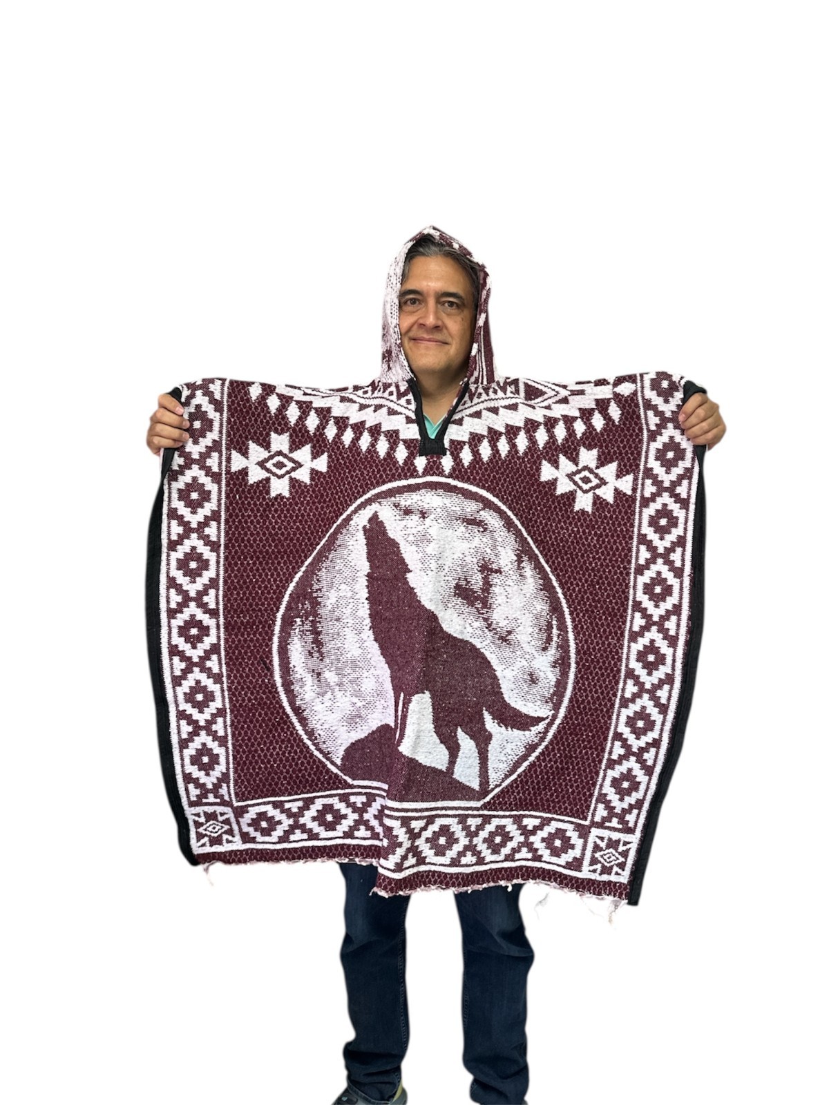 2XL MEXICAN PONCHO WITH HOOD , HOWLING WOLF BLANKET , ONE SIZE , BURGUNDY