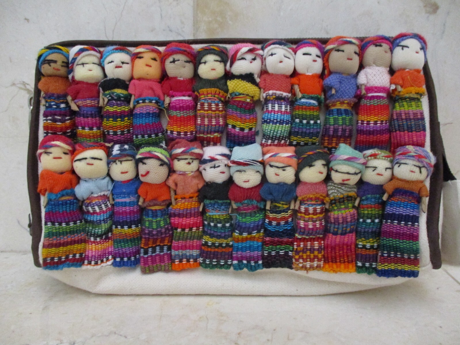 Mexican Handmade Canvas Multicolor Worry Doll Zipper Cosmetic Bag Makeup 8″ NWOT