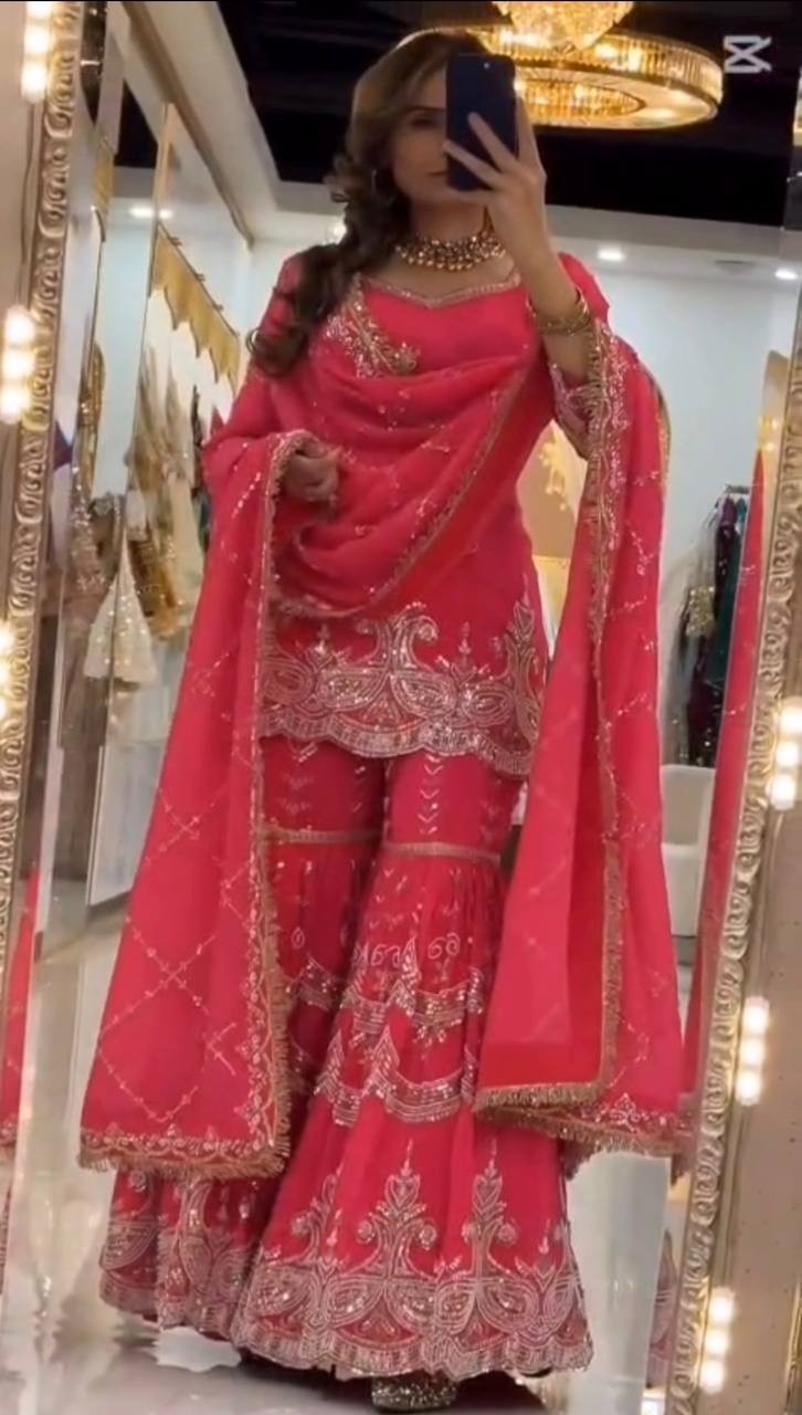 Indian Look Heavy Faux Georgette Pink Top Palazzo With Dupatta For Function Wear