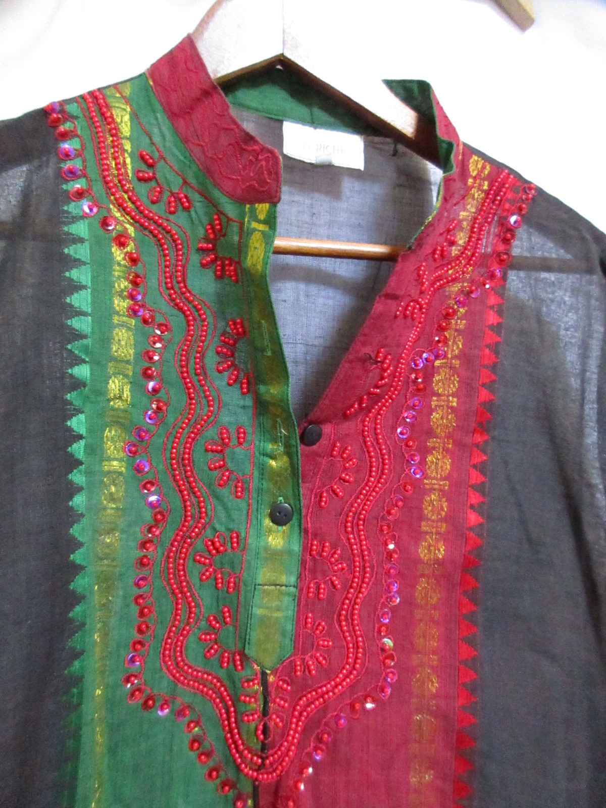 Le Riche Kurta Black Red & Green Unisex South Asian Tunic Metallic SZ XXXL EUC