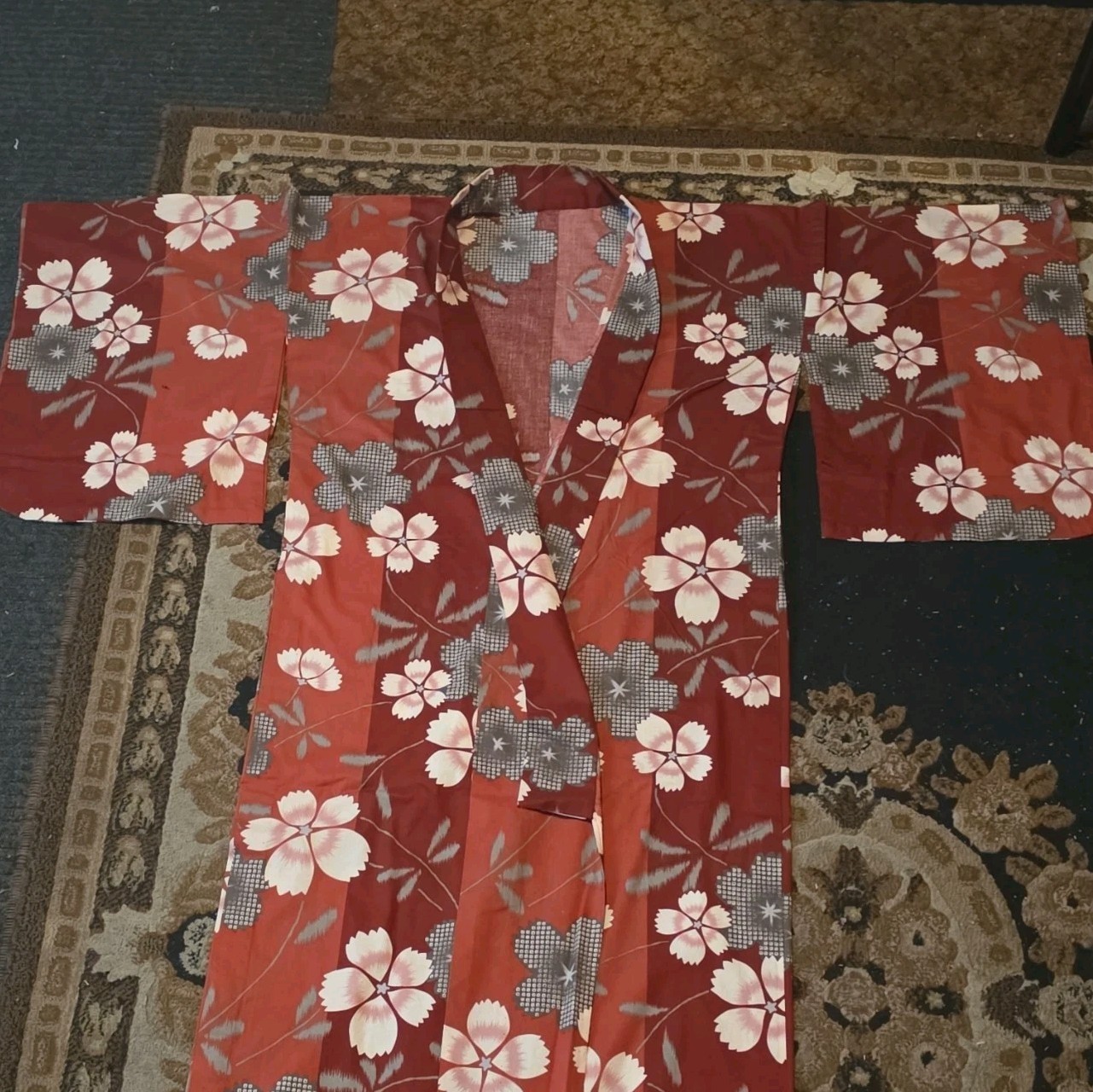 Authentic Bushoan Japanese Yukata Kimono 100% Cotton Red Floral Vintage