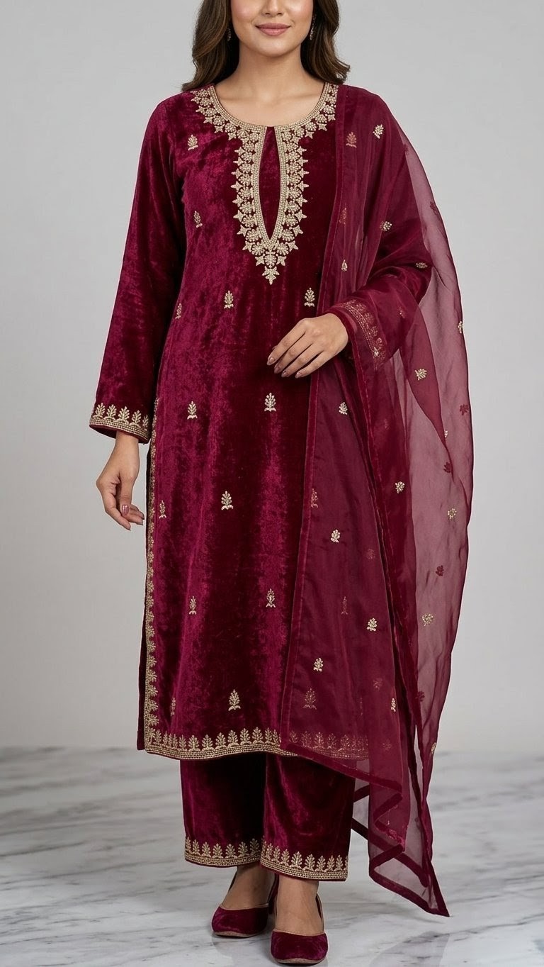 Custom Velvet Hand Embroidered Salwar Suit Set With Free Potli Bag | Luxury…