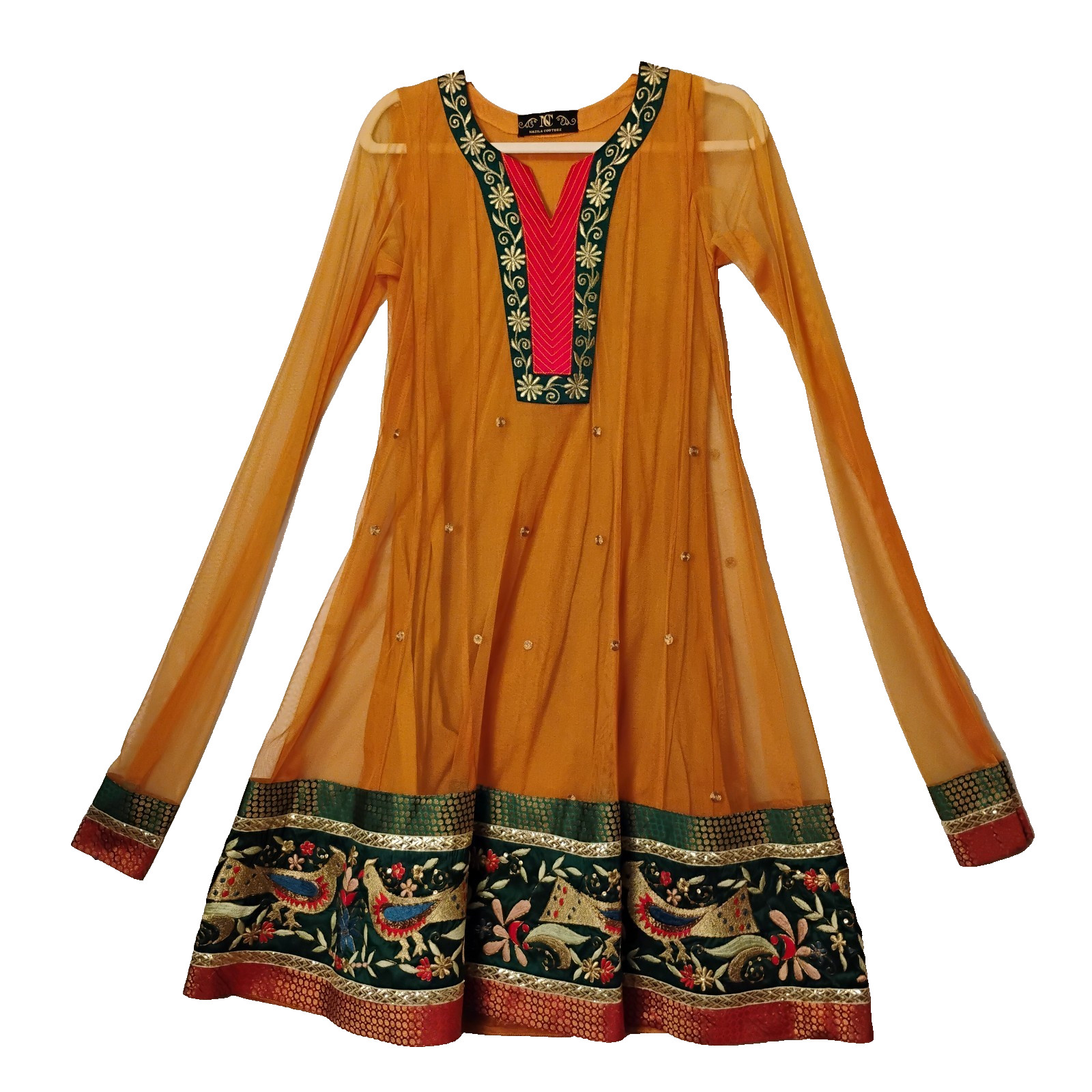 NAZILA COUTURE Orange Tunic XXS Embroidered Mesh Tulle Kurta Designer India