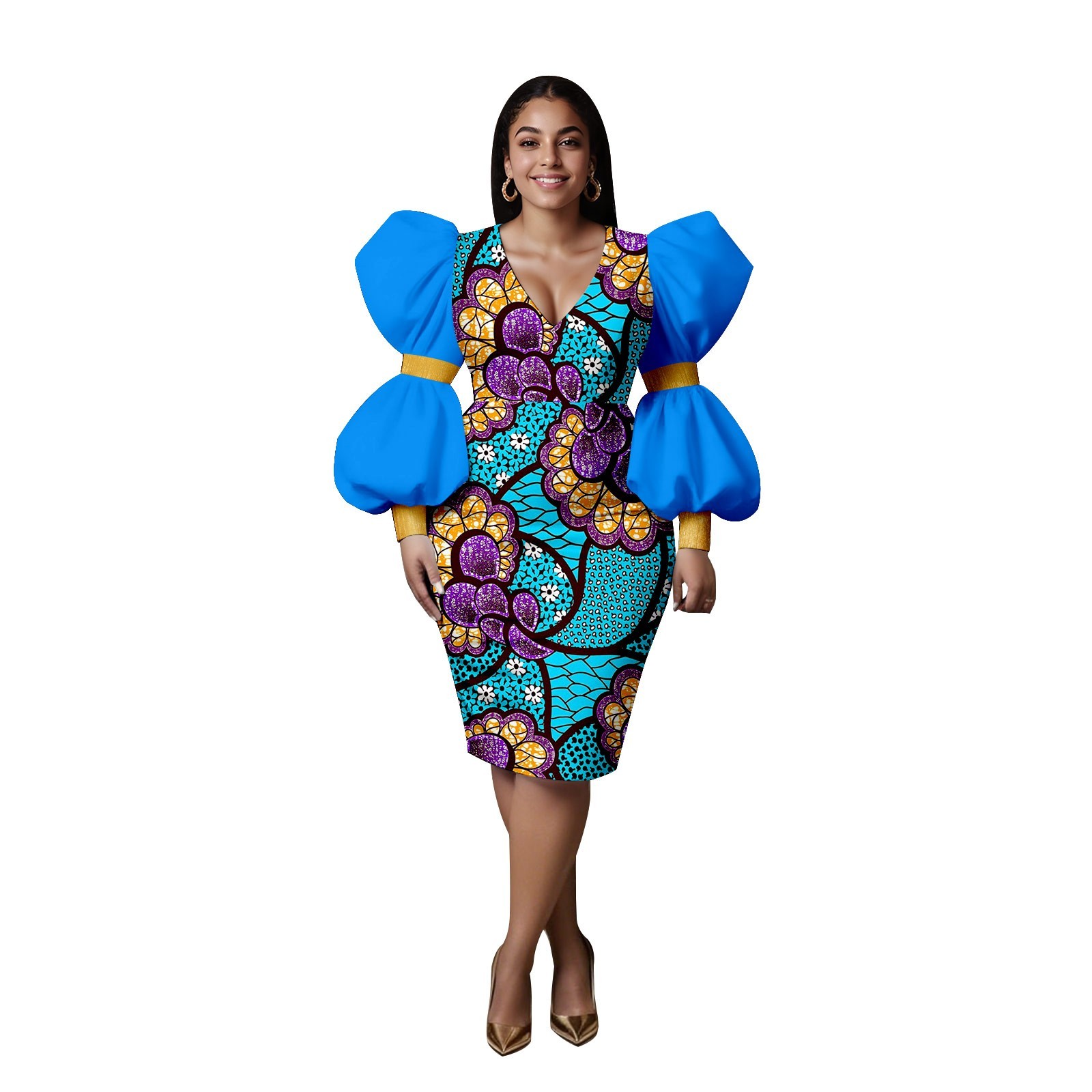 African Women’s Ankara Printed V-Neck Puff Sleeve Knee-Length Dress Patchwork