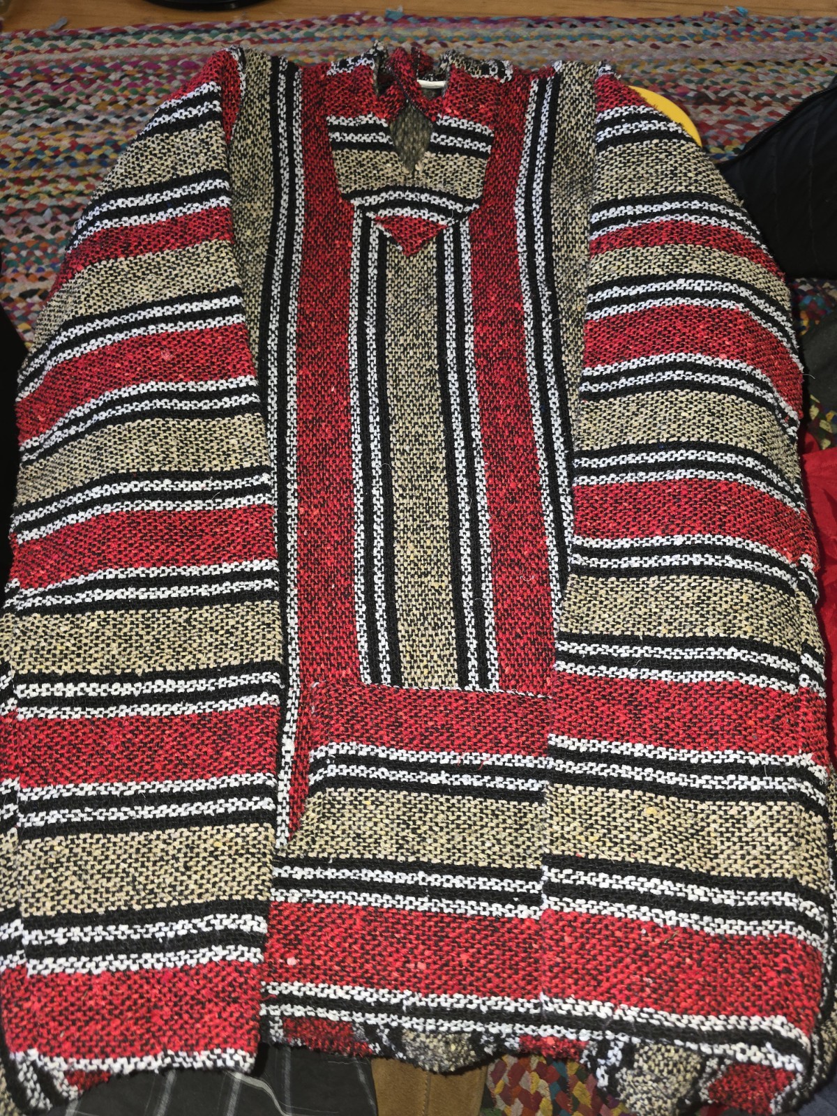 Handmade Mexican Serape Striped Poncho, Red Acrylic Unisex Adult XXXL