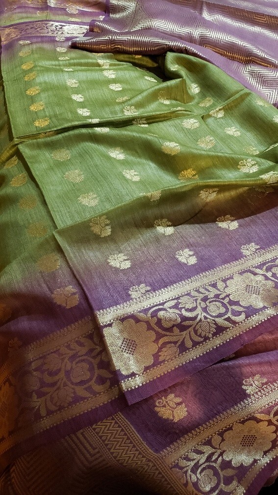 Tussar Silk Handloom Saree Floral Zari Work Brocade Pallu Unstitched Blouse