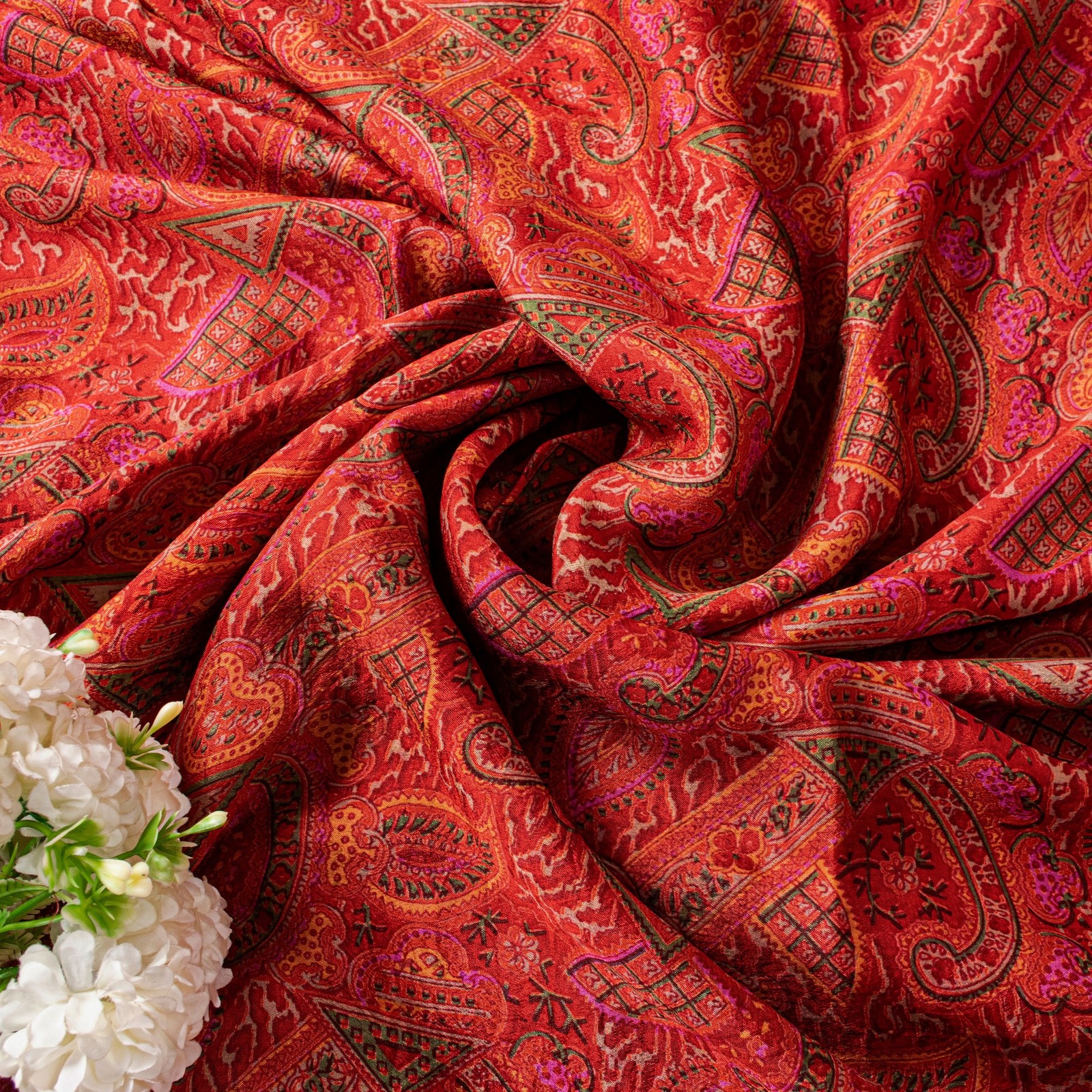 Sanskriti Vintage Red-Orange Pure Silk Saree Kashmiri Paisley Print 5+Yd Fabric