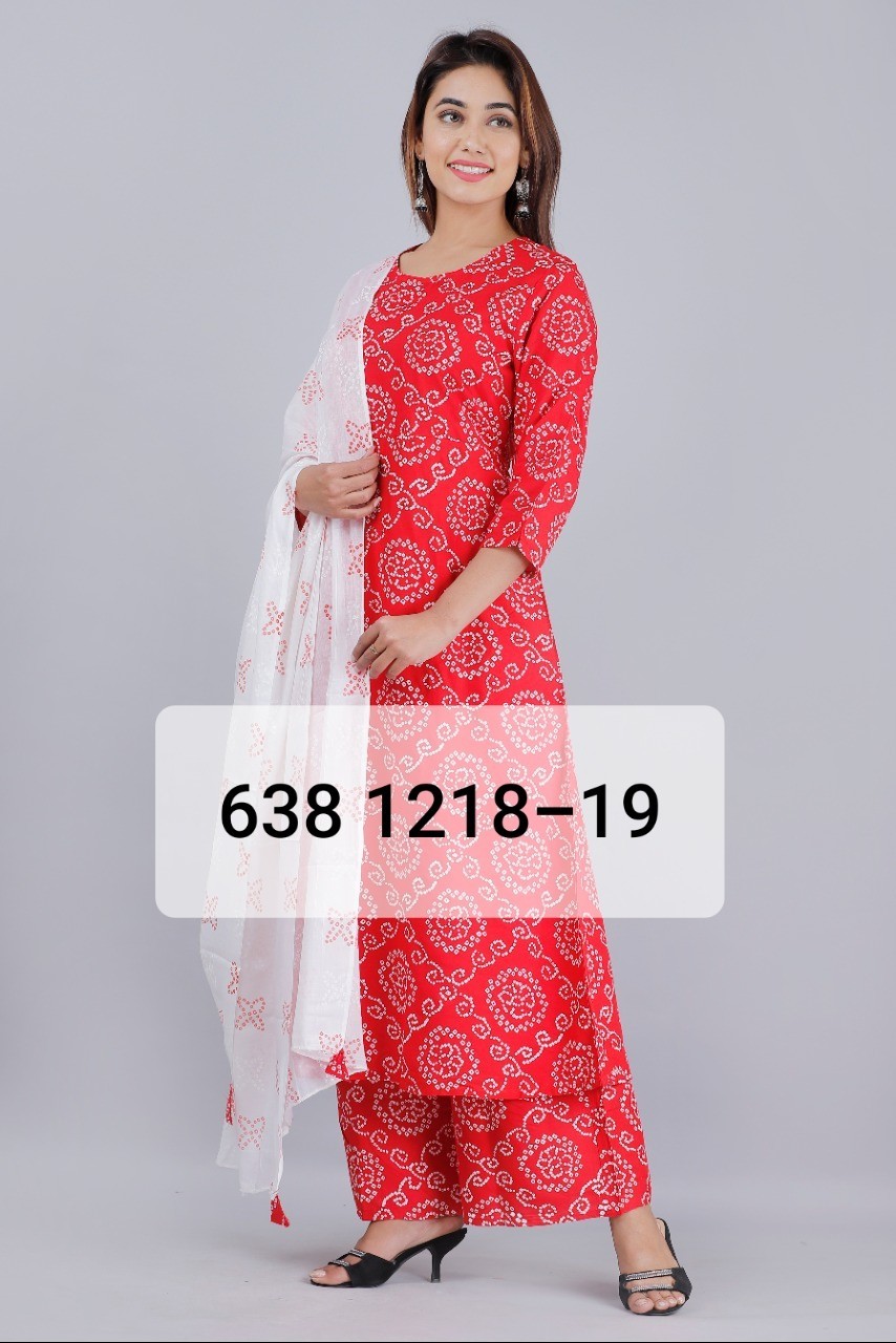Suit 638 1219 Red Bandhni Palazzo Kameez Dupatta Small Medium Size Suits