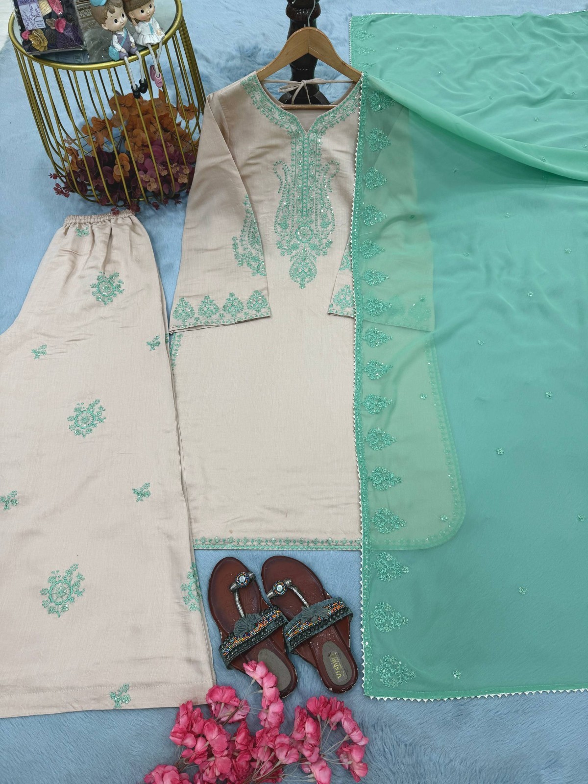 Stylish Look Roman Silk Beige Top Palazzo With Dupatta For Festival Wear