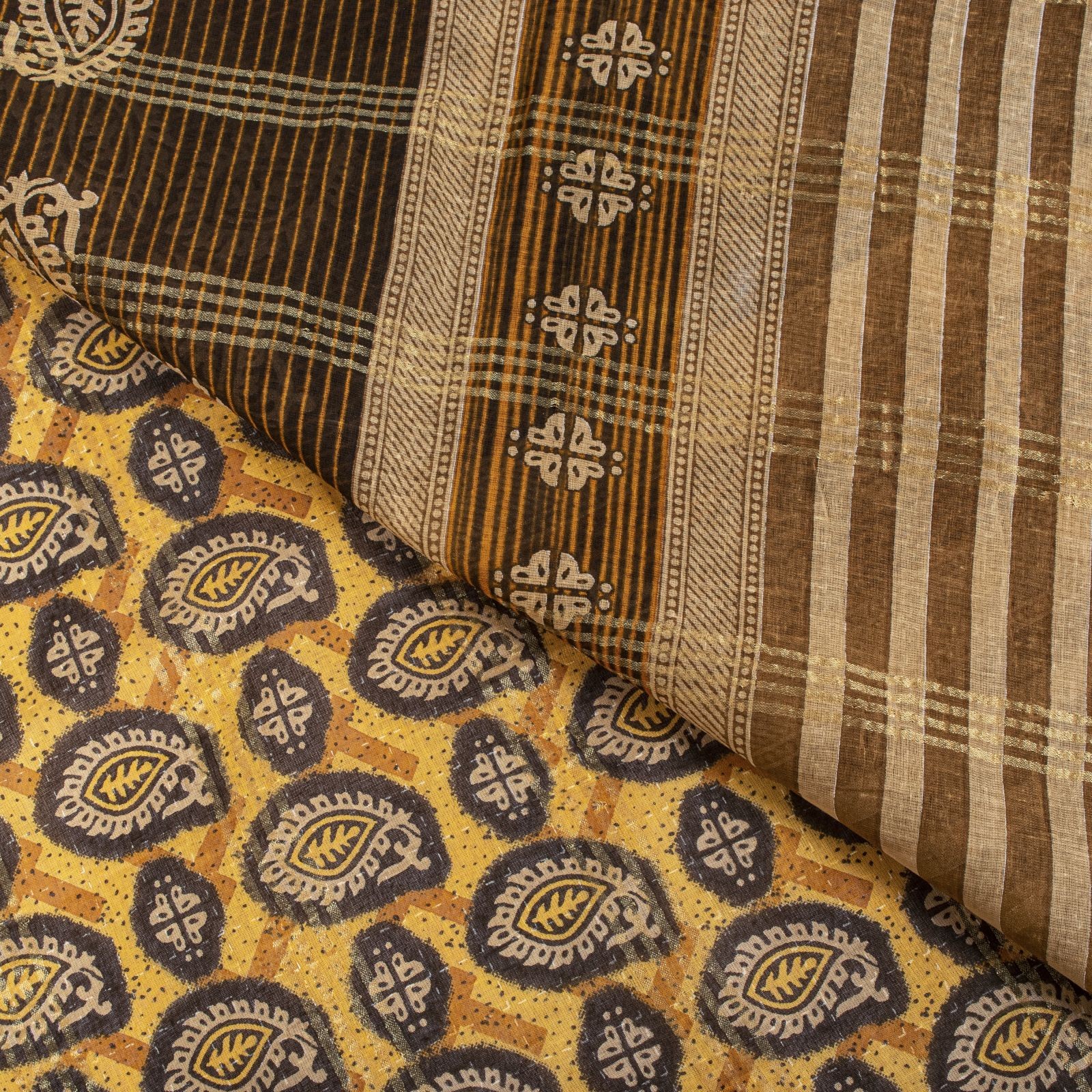 Sanskriti Vintage Saree Yellow Pure Cotton Paisley Kantha Print Sari 5+Yd Fabric