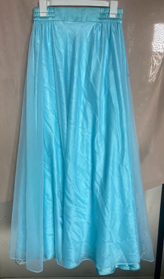 Vintage Indian Sky Blue Tulle Lehenga Skirt Glass Bugle Bead Silver Zardozi 44″