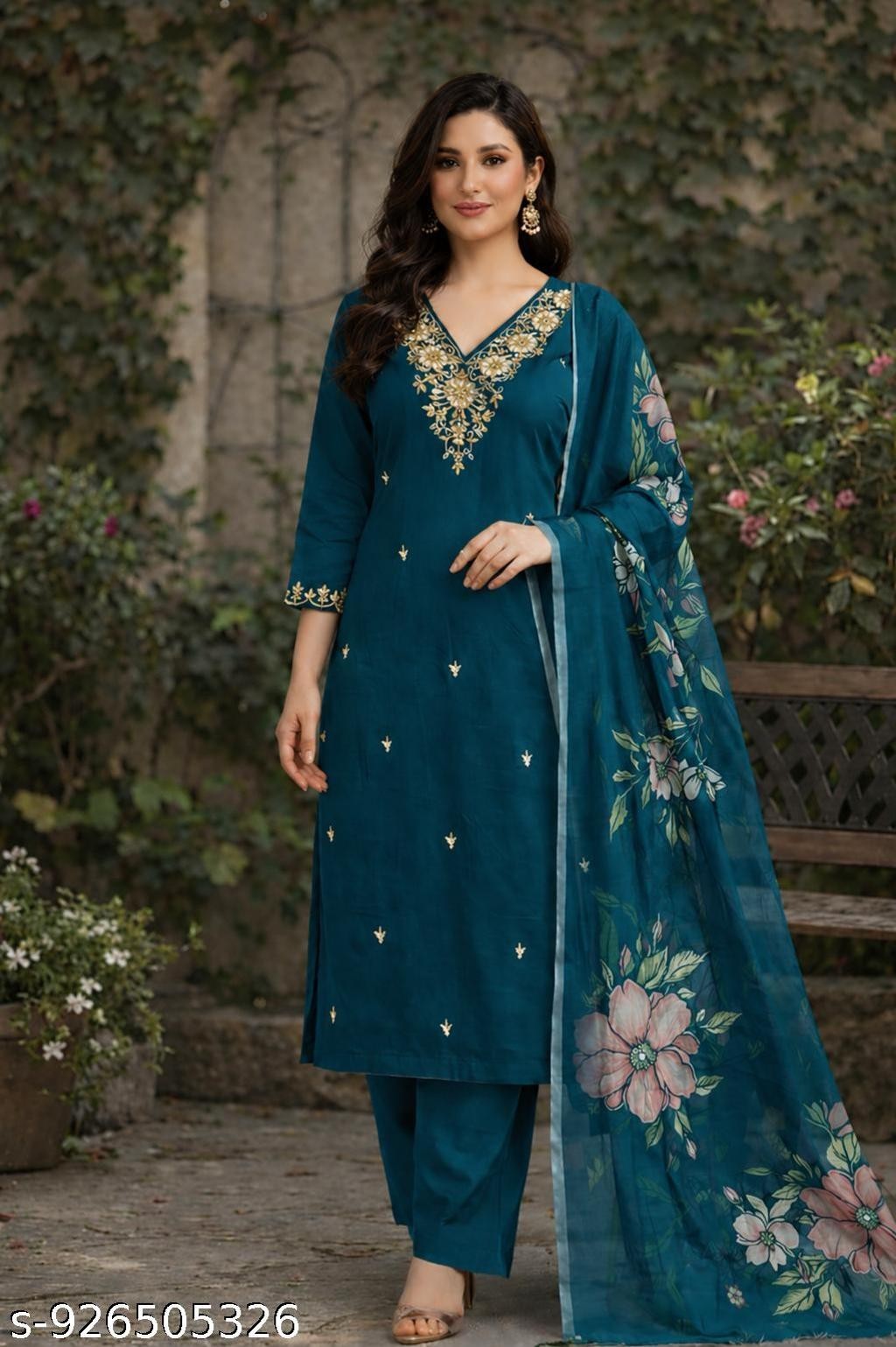 Indian Women Teal Embroidered Kurti Pant Dupatta Suit Dress Girls Ready to Wear