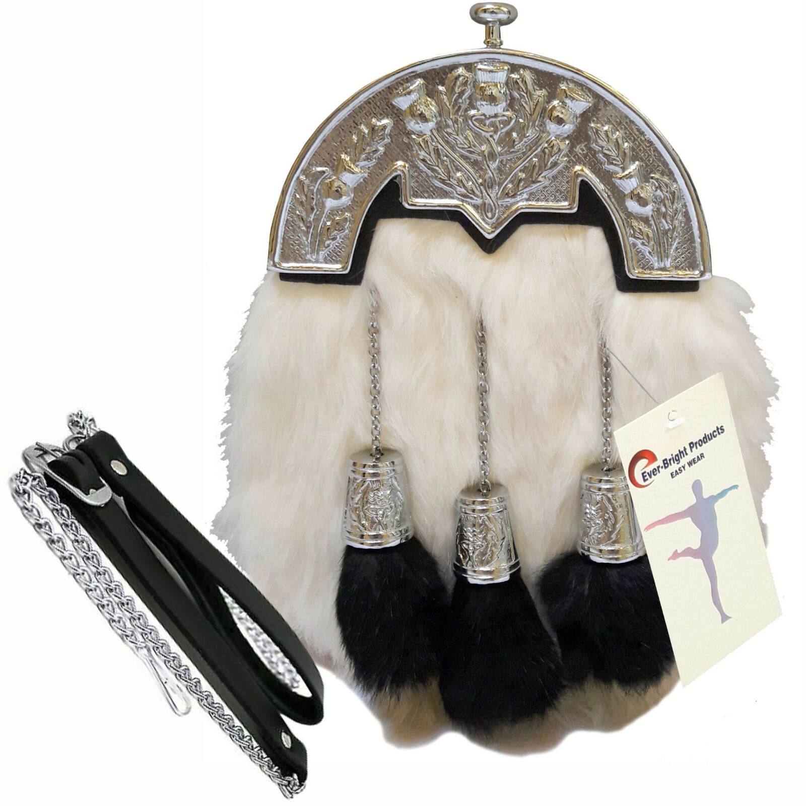 Scottish Kilt Original White Rabbit Fur Full Dress Sporran Antique Chrome Cantel