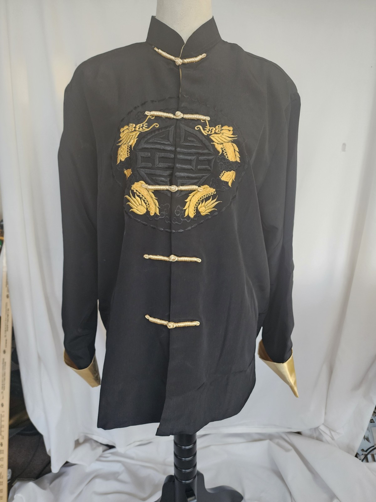 Black Chinese Tang Jacket Gold Dragon Embroidered Mandarian Collar Frog Closure