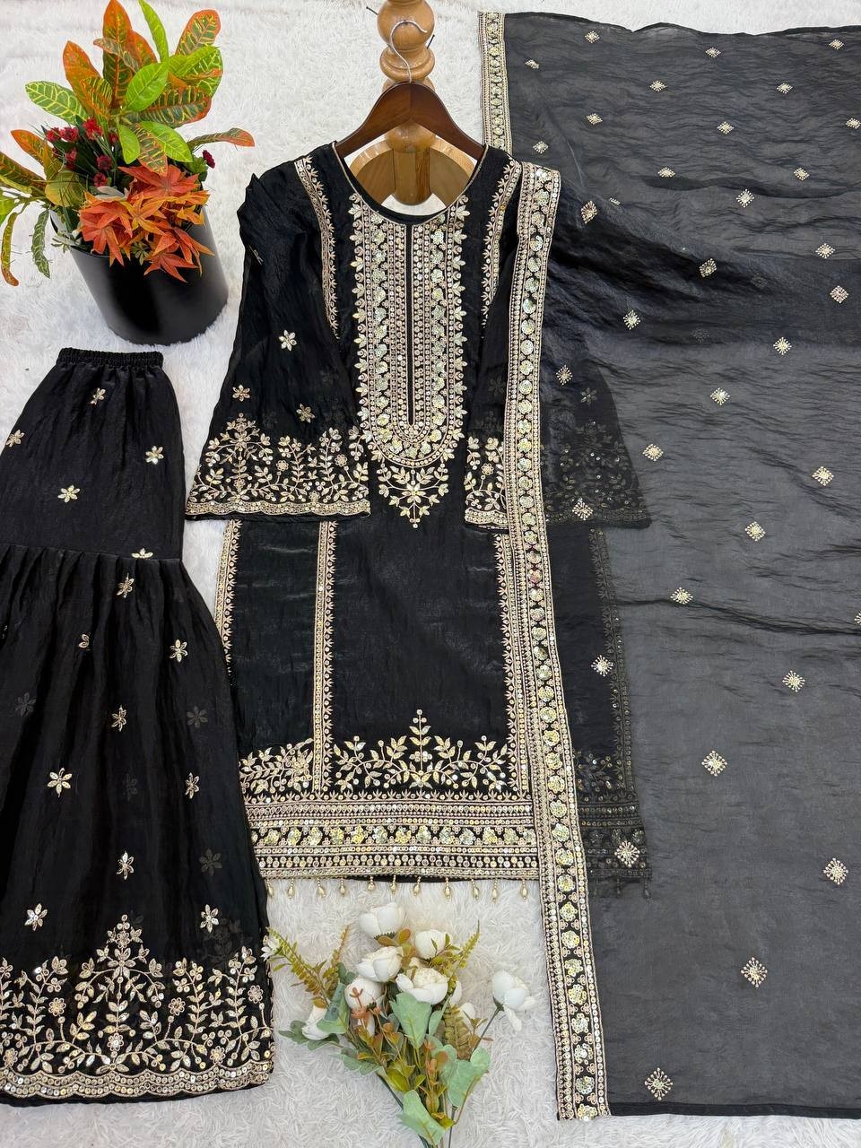 Latest New Silk Black Top Palazzo With Dupatta For Indian Reception Wear