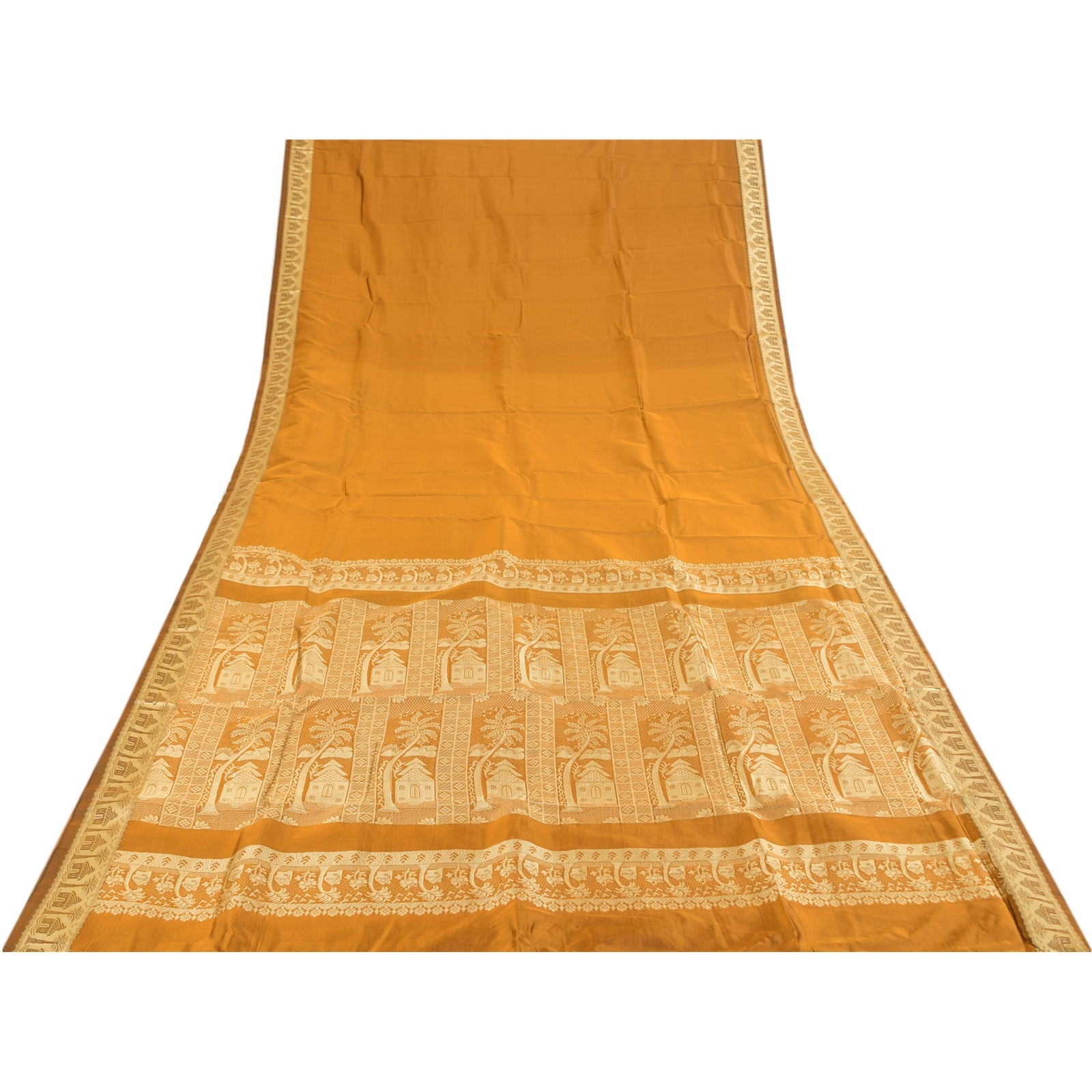 Sanskriti Vintage Yellow Sarees Blend Silk Woven Baluchari Sari 5Yd Craft Fabric