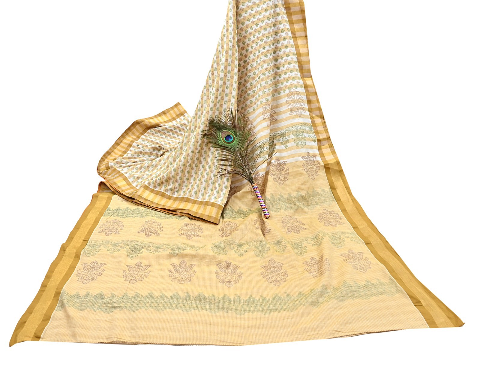 Indian Vintage Sari White & Beige Printed Pure Cotton Sarees Craft Fabric 5YD