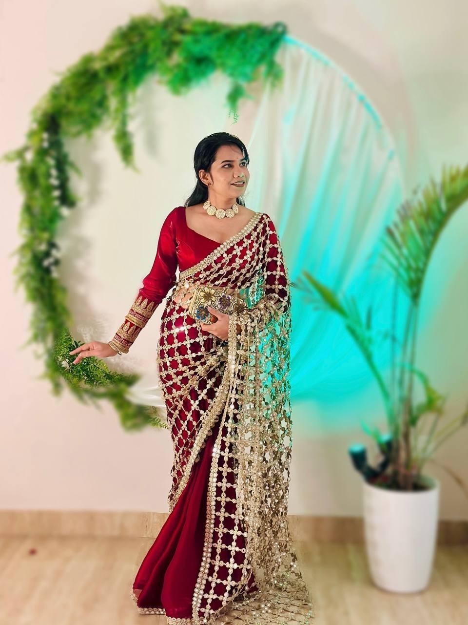 Designer Fendy Silk Maroon Color Saree with Mirror Work & Unstichhed Blouse