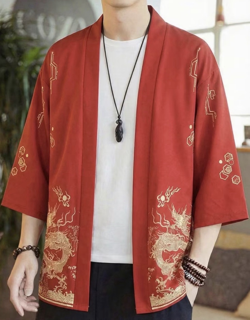 Unisex Dragon Print Kimono Cardigan Japanese Streetwear Yukata Haori Top Size L