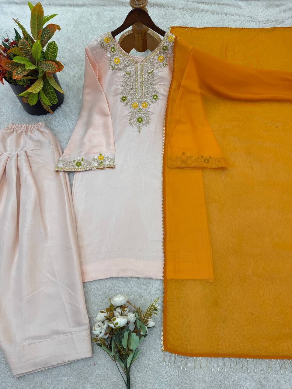 Presenting New Satin Glass Light Pink Top Bottom With Dupatta For Ethnic Wear