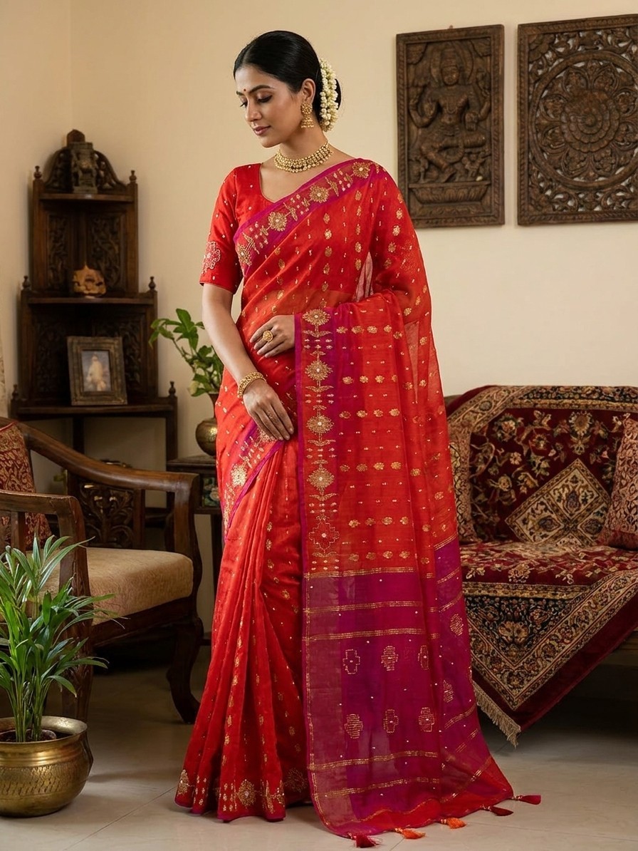 Dhakai Jamdani Karcupi Karada & Sequin Embroidery Saree with Ready Blouse 36-40