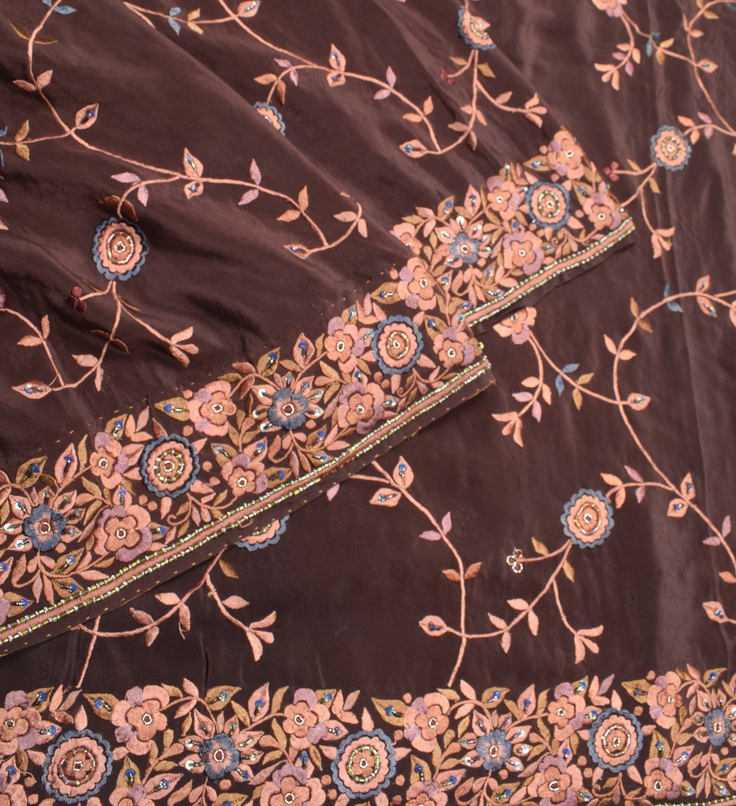 Sushila Vintage Parsi Gara Embroidered Saree Pure Creep HEAVY Brown Sari Fabric