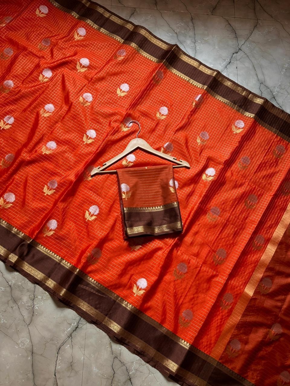 Trending Rust Orange Banarasi Soft Silk Saree with Gold Zari Checks & Blouse